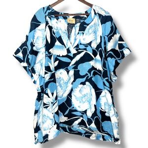 Elie Tahari 3X Blouse Blue White‎ Floral V Neck 100% Linen Tunic Vacation Resort